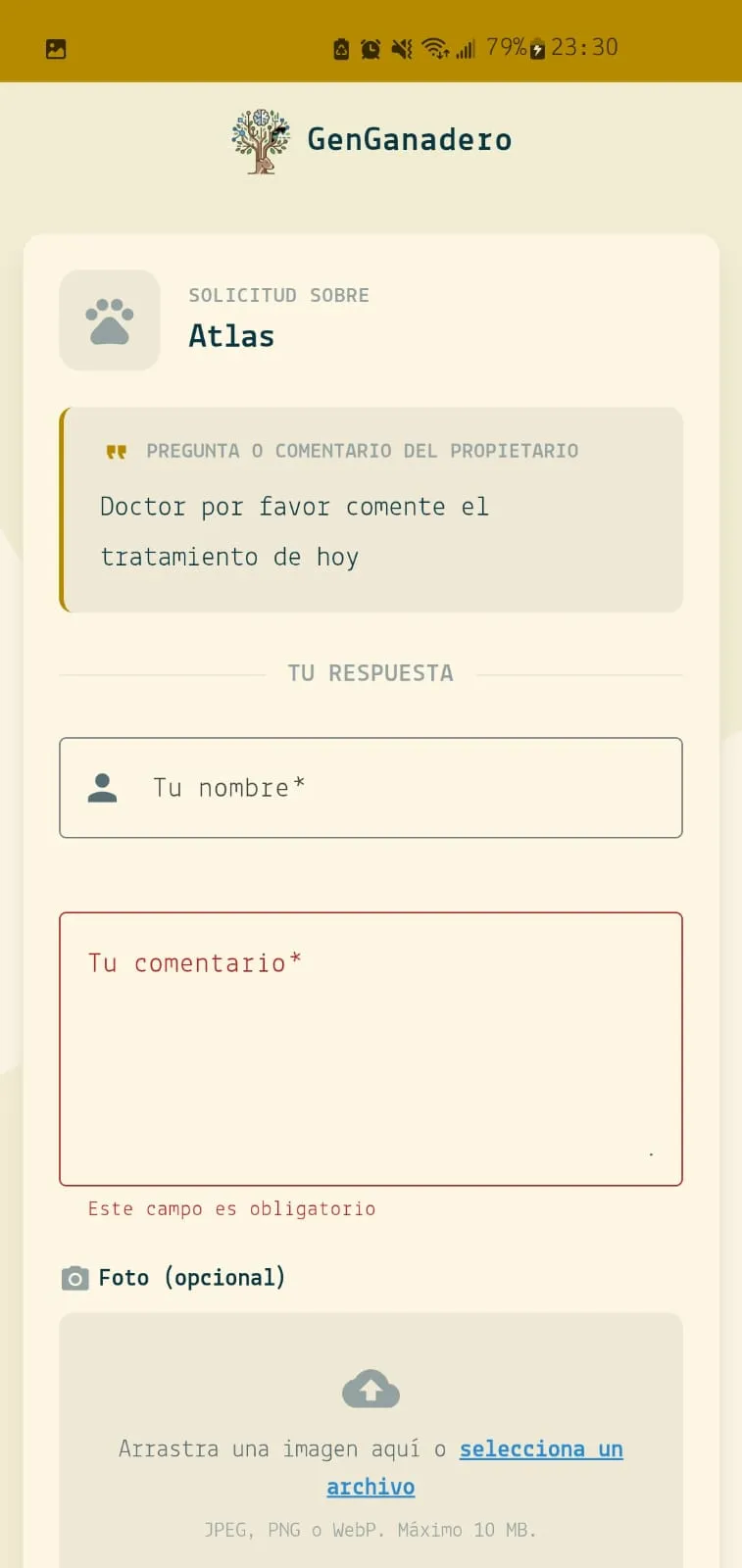 Página pública donde un veterinario deja su comentario sobre una vaca