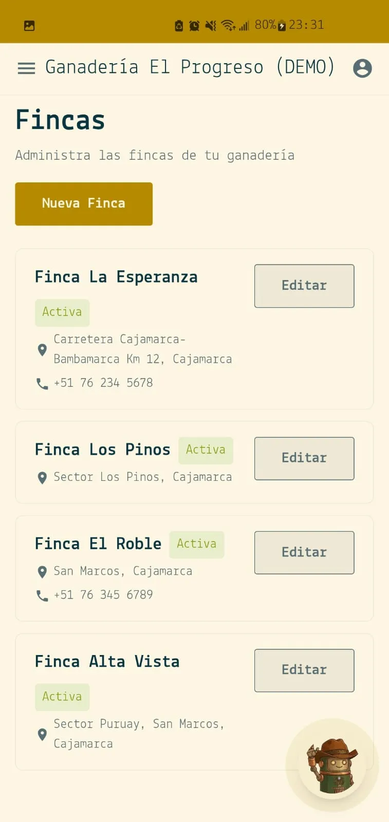Lista de fincas de la ganadería