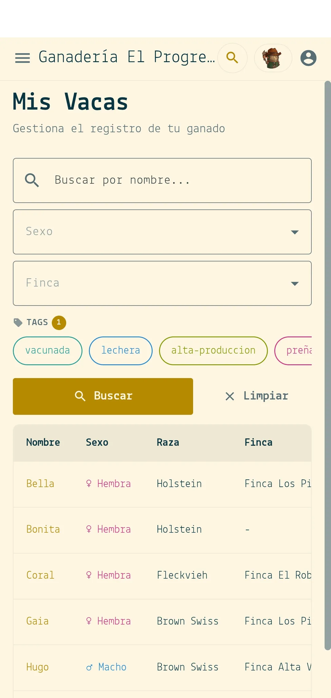 Lista Mis Vacas con búsqueda, filtros y tags